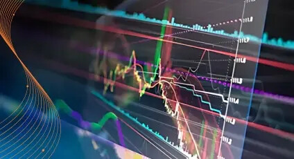 Colorful graphics and charts overlaid over a dark background